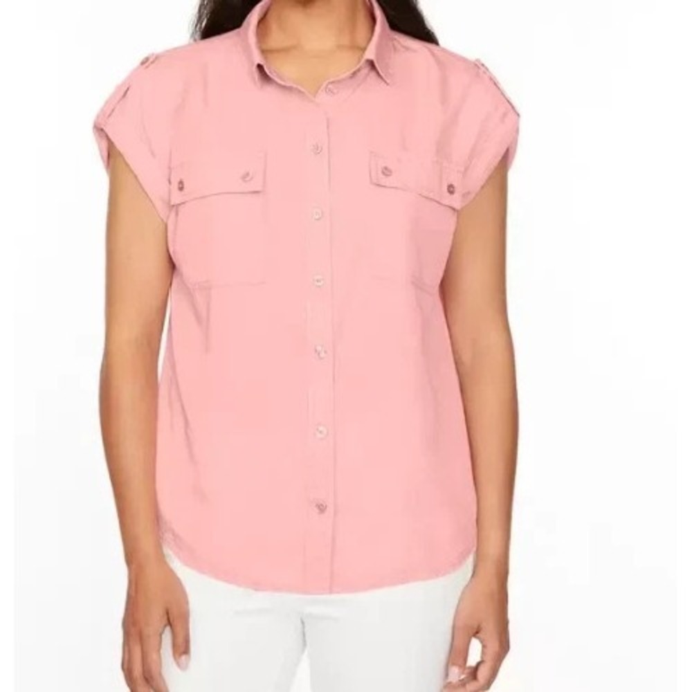 Buffalo David Britton Women Button Up Short Sleeve Shirt Pink Soft Acid Wash XXL